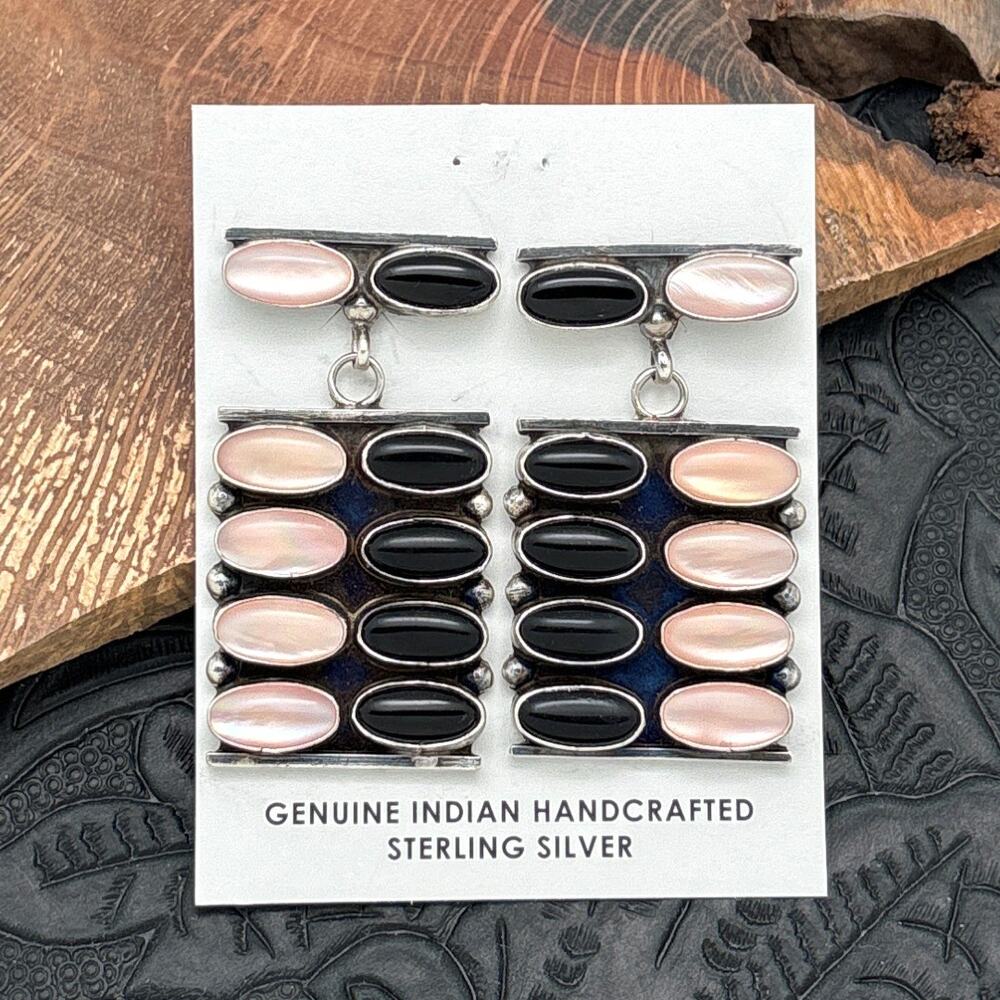 JACQUELINE SILVER Navajo Sterling Silver Pink Mother Of Pearl & Onyx Earrings